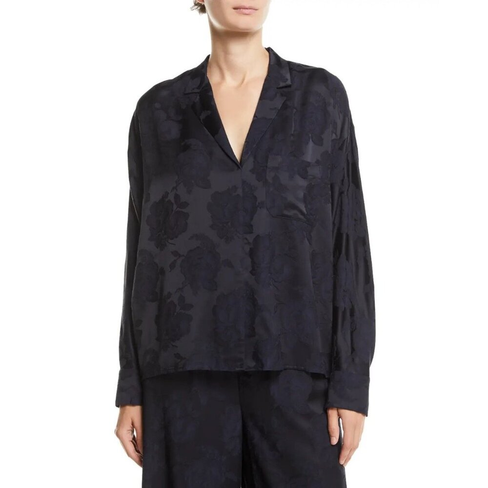 Vince Floral Jacquard Popover Top Oversized Floral Damask Blouse Navy Blue Sz M